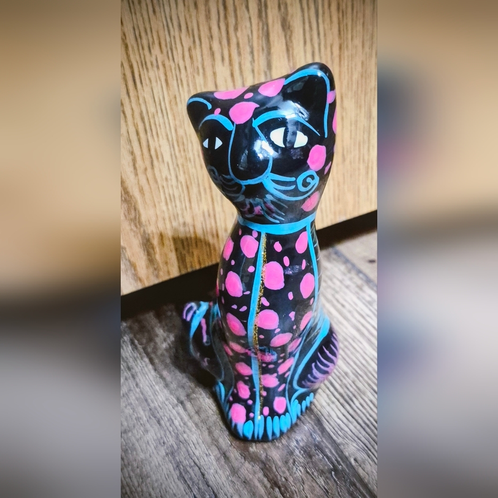 Colorful Talavero Gato Ceramic Cat Figurine From Mexico